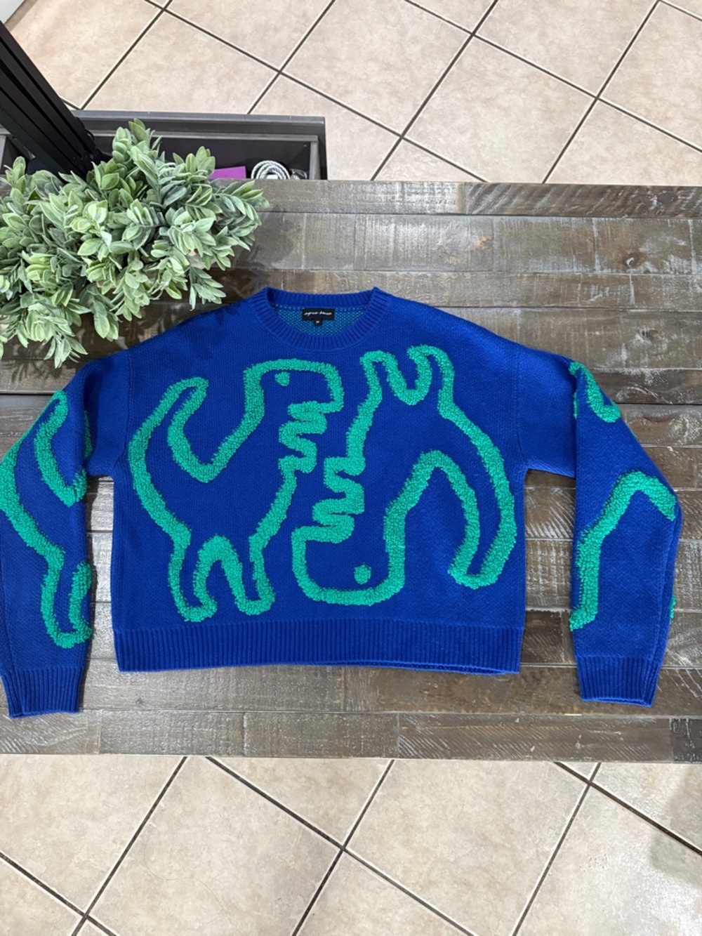 Aqua Blues Dinosaur Pattern Knit Sweater - Blue & Green - Size Medium